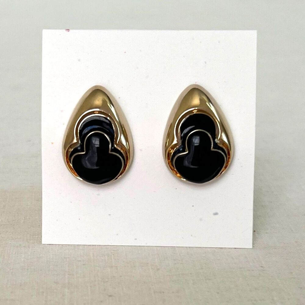 Vintage 80s Art Deco Style Gold Tone Teardrop Black Cabochon Clip-On Earrings